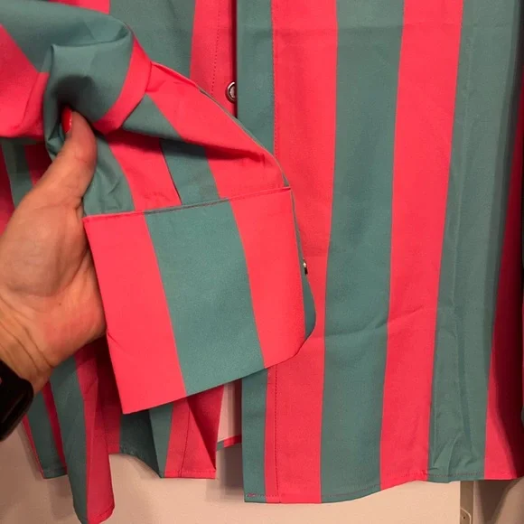Button-Up Shirt in Teal and Coral Stripe - Picture 4 of 5